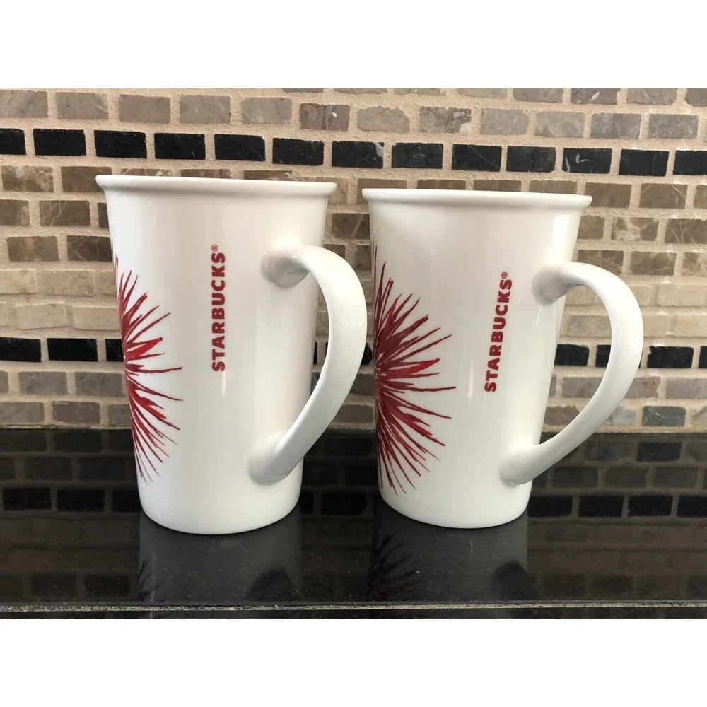 Starbucks Fireworks Coffee‎ Red and White Starburst Coffee Tea Tall Mugs 2014